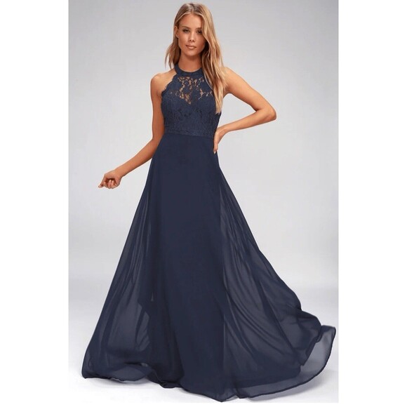 Lulu's "Dance All Evening" Navy Blue Lace Maxi Dress Halter  Size‎ S modern chic - Picture 2 of 8